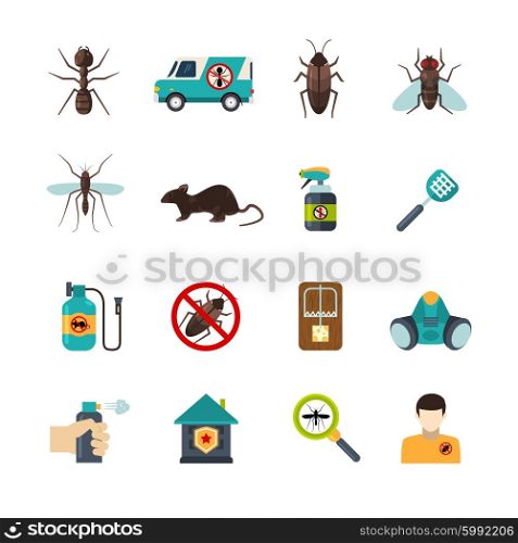 Exterminator Pest Control Flat Icons Set. Home pest control expert exterminator service flat icons set with rat and cockroach abstract isolated vector illustration