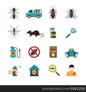 Exterminator Pest Control Flat Icons Set. Home pest control expert exterminator service flat icons set with rat and cockroach abstract isolated vector illustration