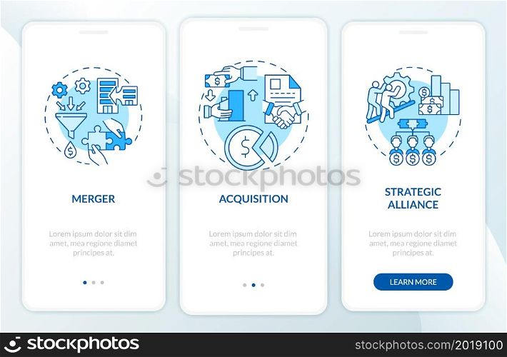 External expansion blue onboarding mobile app page screen. Business development walkthrough 3 steps graphic instructions with concepts. UI, UX, GUI vector template with linear color illustrations. External expansion blue onboarding mobile app page screen