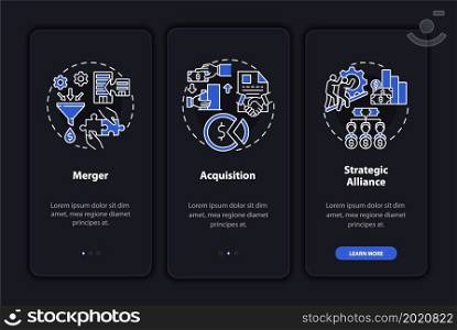 External expansion dark onboarding mobile app page screen. Walkthrough 3 steps graphic instructions with concepts. UI, UX, GUI vector template with linear night mode mode illustrations. External expansion dark onboarding mobile app page screen