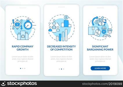 External growth advantages blue onboarding mobile app page screen. Business expand walkthrough 3 steps graphic instructions with concepts. UI, UX, GUI vector template with linear color illustrations. External growth advantages blue onboarding mobile app page screen