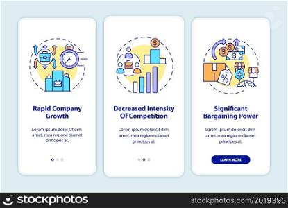 External growth advantages onboarding mobile app page screen. Business expansion walkthrough 3 steps graphic instructions with concepts. UI, UX, GUI vector template with linear color illustrations. External growth advantages onboarding mobile app page screen