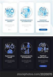 External growth perks dark, light onboarding mobile app page screen. Walkthrough 3 steps graphic instructions with concepts. UI, UX, GUI vector template with linear night and day mode illustrations. External growth perks dark, light onboarding mobile app page screen