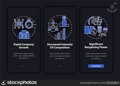 External growth perks dark onboarding mobile app page screen. Walkthrough 3 steps graphic instructions with concepts. UI, UX, GUI vector template with linear night mode mode illustrations. External growth perks dark onboarding mobile app page screen