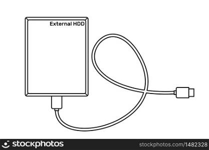 External hard drive disk icon in line art style isolated on white background. Extern HDD. Vector illustration.. External hard drive disk icon in line art style isolated on white background.