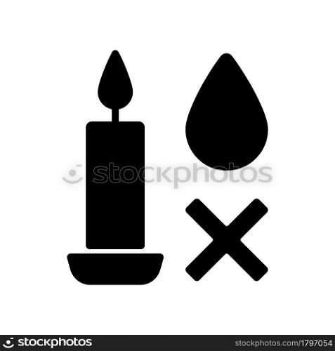 Extinguish candle without water black glyph manual label icon. Hot wax splattering prevention. Silhouette symbol on white space. Vector isolated illustration for product use instructions. Extinguish candle without water black glyph manual label icon