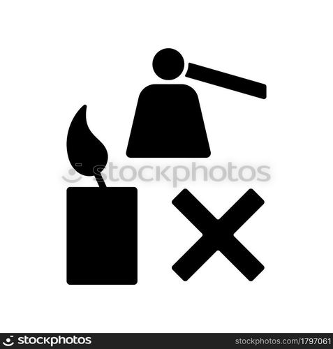 Extinguishing flickering candle black glyph manual label icon. Prevent rapid burning. Avoiding smoke, soots. Silhouette symbol on white space. Vector isolated illustration for product use instructions. Extinguishing flickering candle black glyph manual label icon