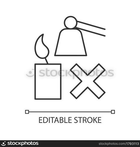 Extinguishing flickering candle linear manual label icon. Thin line customizable illustration. Contour symbol. Vector isolated outline drawing for product use instructions. Editable stroke. Extinguishing flickering candle linear manual label icon