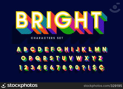 Extra bright 3d display font design, alphabet, letters and numbers. Swatch color control. Extra bright 3d display font design, alphabet, letters