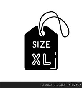 Extra large size label black glyph icon. Clothing dimensions parameters silhouette symbol on white space. Descriptive apparel tag with XL letters for plus size people. Vector isolated illustration