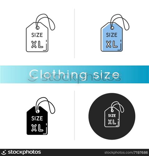 Extra large size label icon. Linear black and RGB color styles. Clothing dimensions parameters. Descriptive apparel tag with XL letters for plus size people. Isolated vector illustrations