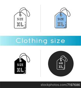 Extra large size label icon. Linear black and RGB color styles. Clothing dimensions parameters. Descriptive apparel tag with XL letters for plus size people. Isolated vector illustrations