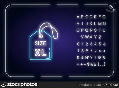 Extra large size label neon light icon. Outer glowing effect. Clothing dimensions parameters sign with alphabet, numbers and symbols. Tag with XL letters. Vector isolated RGB color illustration