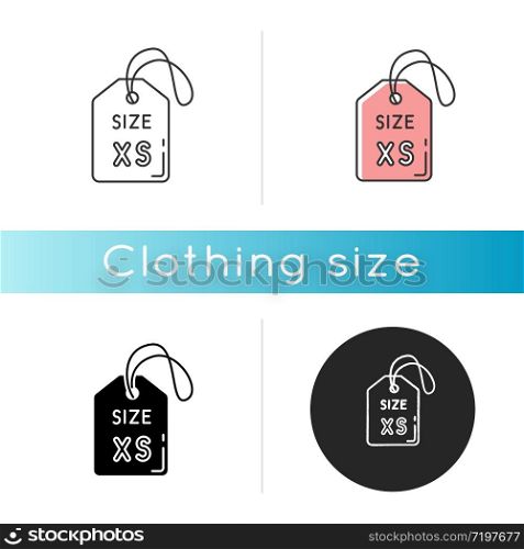 Extra small size label icon. Linear black and RGB color styles. Clothing parameters description. Informational tag with XS letters for mini size apparel. Isolated vector illustrations