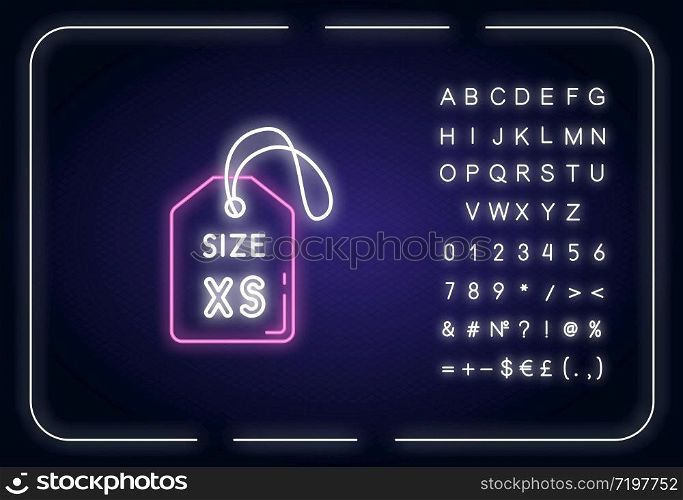 Extra small size label neon light icon. Outer glowing effect. Clothing parameters description sign with alphabet, numbers and symbols. Tag with XS letters. Vector isolated RGB color illustration