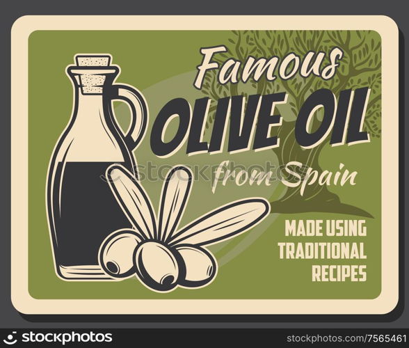 Extra virgin spanish olive oil bottle, tree and glass jar vector retro poster. Spain organic food products and quality traditional cooking recipe, green olives natural food. Spanish extra virgin olive oil and olives