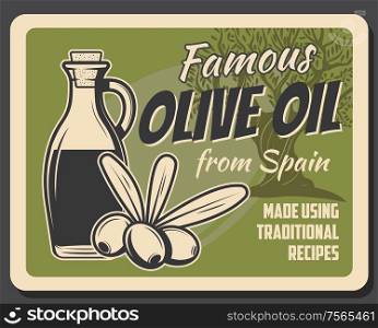 Extra virgin spanish olive oil bottle, tree and glass jar vector retro poster. Spain organic food products and quality traditional cooking recipe, green olives natural food. Spanish extra virgin olive oil and olives