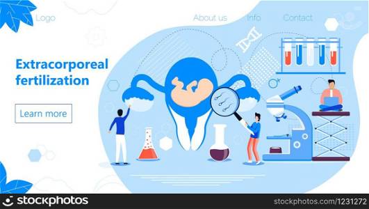Extracorporeal fertilization concept vector. Tiny reproductive doctors make IVF. Intrauterine life, premature baby and the risk of miscarriage on a blue background. Gynecologist examines the uterus.