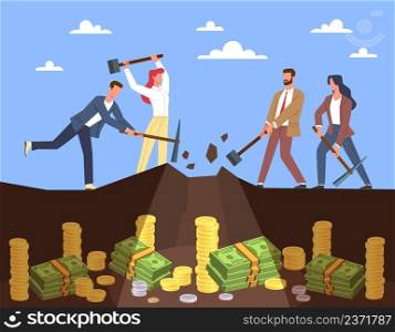 Extraction of money. People mining gold coins and stacks of currency, treasures underground, men and women working with hoes and pickaxes. Hard work, vector cartoon flat style isolated concept. Extraction of money. People mining gold coins and stacks of currency, treasures underground, men and women working with hoes and pickaxes. Hard work, vector cartoon flat isolated concept
