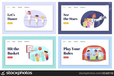 Extracurricular activities landing page vector template set. Interest classes for kids website interface idea with flat illustrations. Afterschool homepage layout. Web banner, webpage cartoon concept