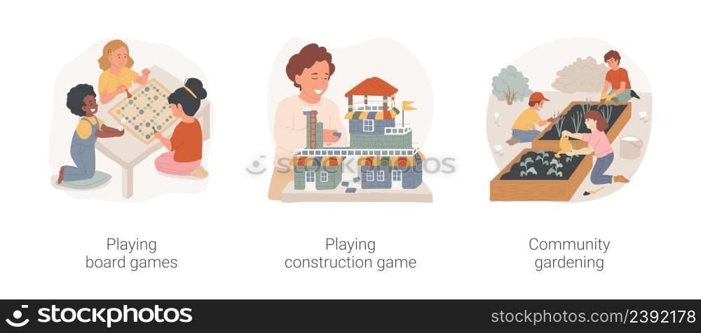 Extracurricular activity isolated cartoon vector illustration set. Playing board games, creative construction, community gardening, before and after school education program vector cartoon.. Extracurricular activity isolated cartoon vector illustration set.