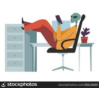 Extraterrestrial character at coffee break in office talking on phone or surfing web. Alien personage sitting on chair, workplace of business person. Interior of room with plant and furniture vector. Alien character at coffee break at work vector