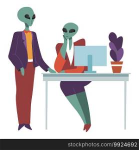 Extraterrestrial characters at work, isolated aliens at working place. Male and female personages, humanoid civilization from space in office. Boss and secretary talking, vector in flat style. Aliens at work talking on working place, boss and secretary