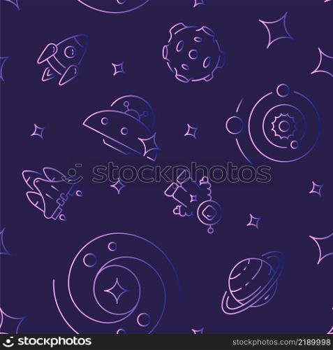 Extraterrestrial life abstract seamless pattern. Vector shapes on dark purple background. Trendy texture with cartoon color icons. Design with graphic elements for interior, fabric, website decoration. Extraterrestrial life abstract seamless pattern