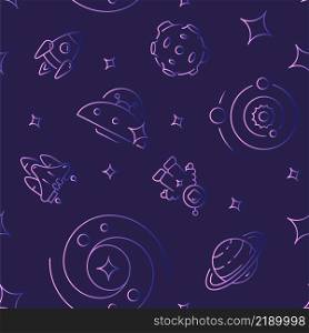 Extraterrestrial life abstract seamless pattern. Vector shapes on dark purple background. Trendy texture with cartoon color icons. Design with graphic elements for interior, fabric, website decoration. Extraterrestrial life abstract seamless pattern