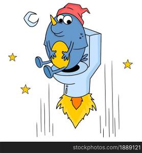 extraterrestrials fly using the rocket water closet. cartoon illustration sticker emoticon