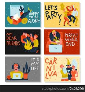 Extraversion introversion horizontal cards on color background with persons during recreation isolated hand drawn vector illustration. Extraversion Introversion Horizontal Cards