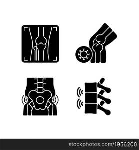 Extreme aching in bones black glyph icons set on white space. Arthritis x ray. Infectious joint disease. Hips rheumatism. Ankylosing spondylitis. Silhouette symbols. Vector isolated illustration. Extreme aching in bones black glyph icons set on white space