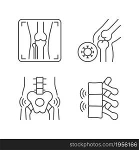 Extreme aching in bones linear icons set. Arthritis x ray. Infectious joint disease. Hips rheumatism. Customizable thin line contour symbols. Isolated vector outline illustrations. Editable stroke. Extreme aching in bones linear icons set