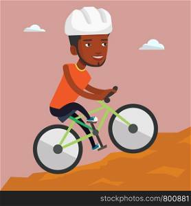 Extreme african-american man riding on mountain bike. Young confident male tourist in helmet traveling in the mountains on a mountain bicycle. Vector flat design illustration. Square layout.. Young man on bicycle traveling in the mountains.
