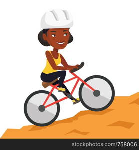 Extreme african-american woman riding on mountain bike. Young confident tourist in helmet traveling in the mountains on a mountain bike. Vector flat design illustration isolated on white background.. Young woman on bicycle traveling in the mountains.