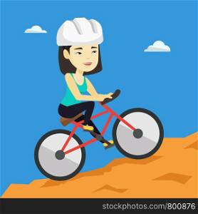 Extreme asian female tourist riding on mountain bicycle. Young confident female tourist in helmet traveling in the mountains on a mountain bicycle. Vector flat design illustration. Square layout.. Young woman on bicycle traveling in the mountains.
