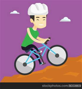 Extreme asian male tourist riding on mountain bicycle. Young confident male tourist in helmet traveling in the mountains on a mountain bicycle. Vector flat design illustration. Square layout.. Young man on bicycle traveling in the mountains.