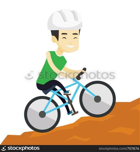 Extreme asian tourist riding on mountain bicycle. Young confident male tourist in helmet traveling in the mountains on a mountain bicycle. Vector flat design illustration isolated on white background.. Young man on bicycle traveling in the mountains.