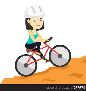 Extreme asian tourist riding on mountain bicycle. Young confident tourist in helmet traveling in the mountains on a mountain bicycle. Vector flat design illustration isolated on white background.. Young woman on bicycle traveling in the mountains.