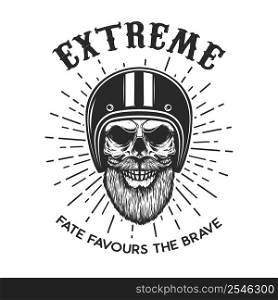 Extreme. Bearded skull in racer helmet. Design element for logo, label, sign, emblem, poster, t shirt. Vector illustration