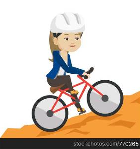 Extreme caucasian woman riding on mountain bike. Young confident female tourist in helmet traveling in the mountains on a mountain bike. Vector flat design illustration isolated on white background.. Young woman on bicycle traveling in the mountains.