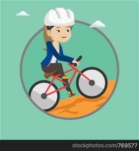 Extreme caucasian woman riding on mountain bike. Young female tourist in helmet traveling in the mountains on a mountain bike. Vector flat design illustration in the circle isolated on background.. Young woman on bicycle traveling in the mountains.