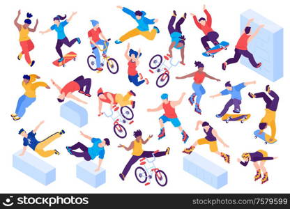 Extreme city sport isometric set with teenagers jumping riding bicycles rollers skateboarders isolated vector illustration