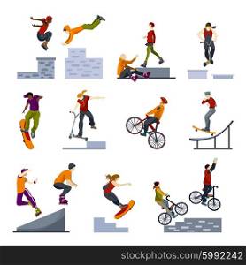 Extreme City Sports Flat Icons Set. Extreme adventurous city sports flat icons collection with buildings jumping biking and skateboarding abstract isolated vector illustration.