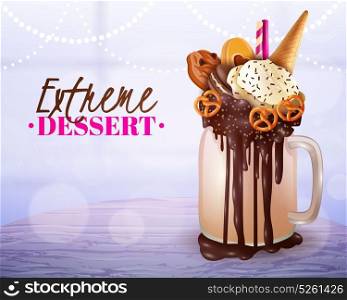 Extreme Dessert Blurred Light Background Poster . Rich cream chocolade cake and cookies topped overload milkshake jar dessert with blurred light background vector illustration