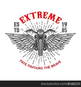 Extreme. Emblem template with winged motorcycle. Design element for logo, label, sign, emblem, poster. Vector illustration