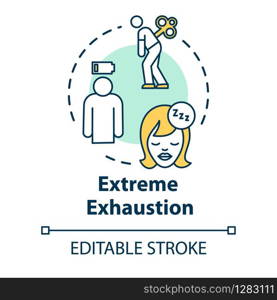 Extreme exhaustion concept icon. Overwork and burnout. Cold symptom. Chronic weakness. Fatigue idea thin line illustration. Vector isolated outline RGB color drawing. Editable stroke