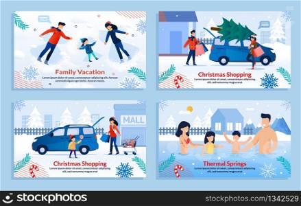Extreme Family Winter Sport and Rest Banner Set. Cartoon Poster with Parents and Children Resting, Having Fun with Snow. Outdoor Activities. Christmas Vacation. Vector Flat Illustration. Extreme Family Winter Sport and Rest Banner Set
