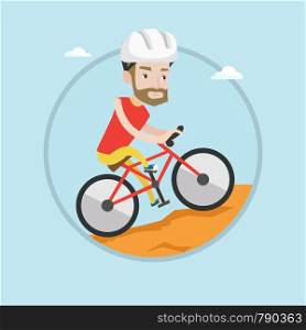 Extreme hipster man riding on mountain bike. Young confident man tourist in helmet traveling in the mountains on mountain bike. Vector flat design illustration in the circle isolated on background.. Young man on bicycle traveling in the mountains.