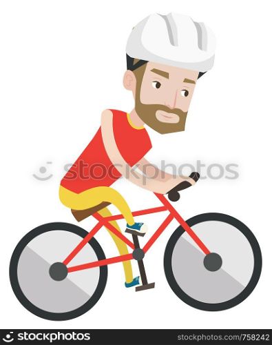 Extreme hipster man with the beard riding on mountain bike. Young confident cuacasian tourist in helmet traveling on a mountain bicycle. Vector flat design illustration isolated on white background.. Young man on bicycle traveling in the mountains.